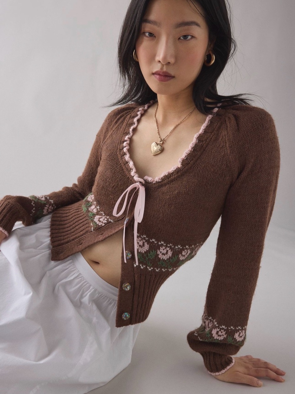 Urban Outfitters Kimchi Blue Brown Knit Cardigan with Pink & Green Floral Trim - Picture 7 of 8